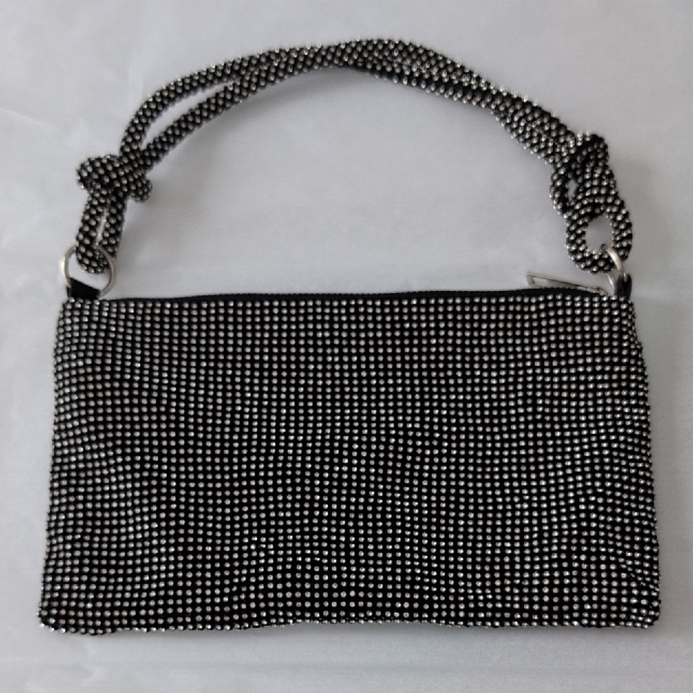 Elegant Black Clutch Bag With Silver Rhinestones